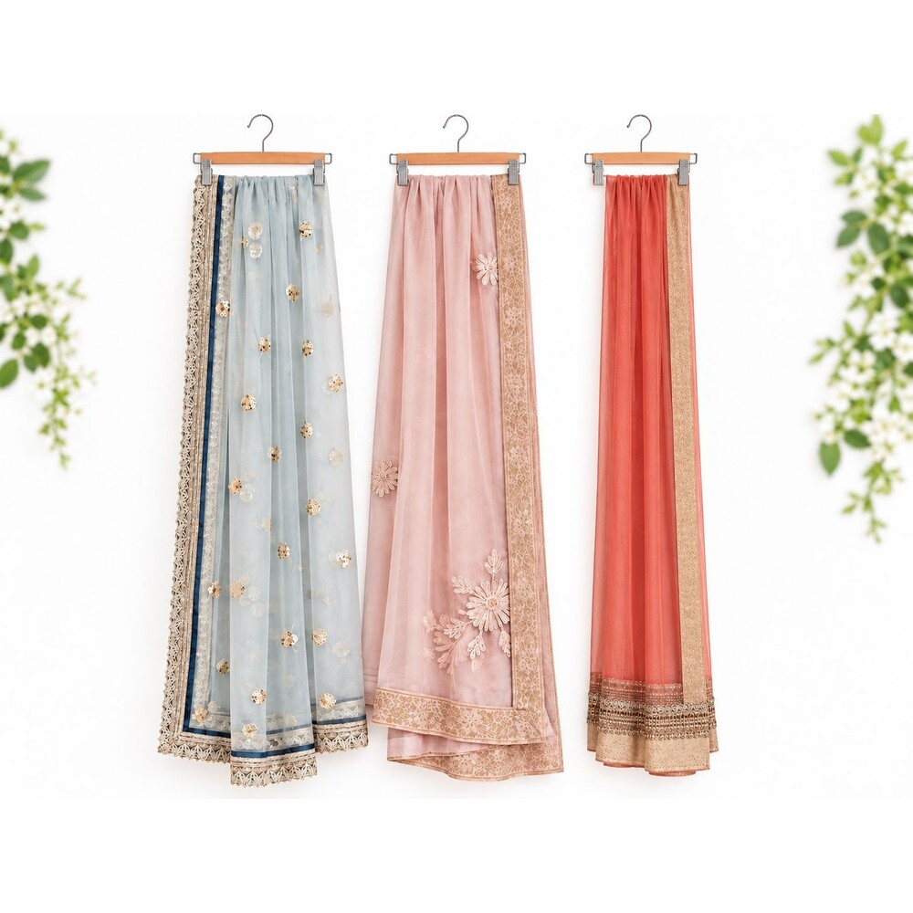 Dupatta Scarf 3 Pc Lot Sheer Embroidered Assorted Sizes Pink Blue Peach